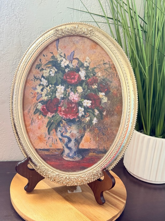 Other - Camille Pissarro "Vase of Flowers" Framed Oval Art Print - Signed